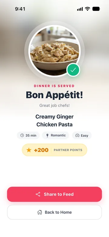 La schermata Buon appetito di DateChef con +200 punti di coppia