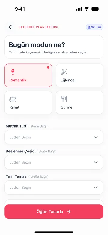 DateChef mod seçimi: romantik, eğlenceli, rahat ya da gurme