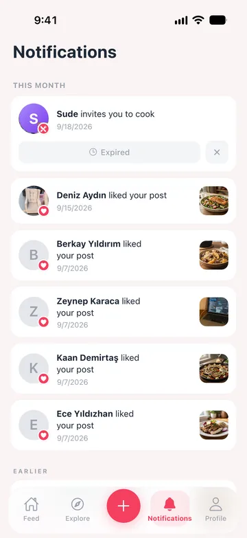 إشعارات DateChef: دعوة للطهي وإعجابات