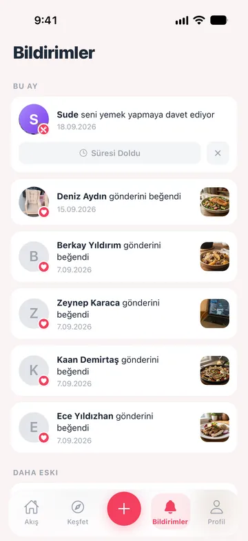 DateChef bildirimleri: bir yemek daveti ve beğeniler