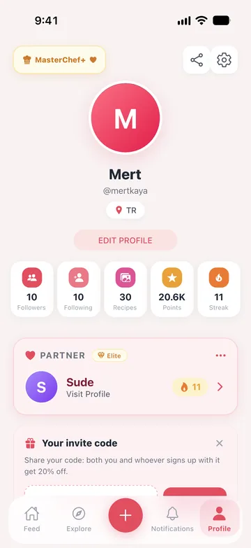 ملف شخصي في DateChef مع الإحصاءات وبطاقة الشريك ورمز الدعوة