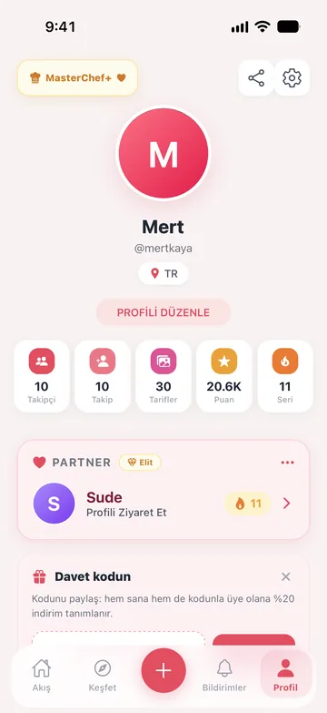 İstatistikler, partner kartı ve davet koduyla bir DateChef profili