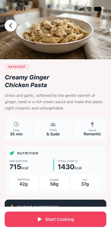 Una ricetta scritta dall'IA in DateChef, con foto, descrizione e valori nutrizionali