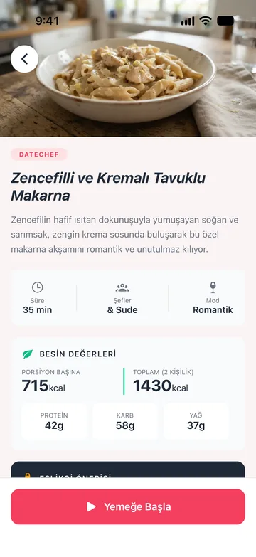 DateChef'te fotoğraf, açıklama ve besin değerleriyle yapay zekânın yazdığı bir tarif