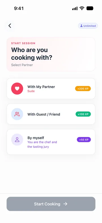 Schermata di DateChef: scegli con chi cucinare — partner, ospite o da solo